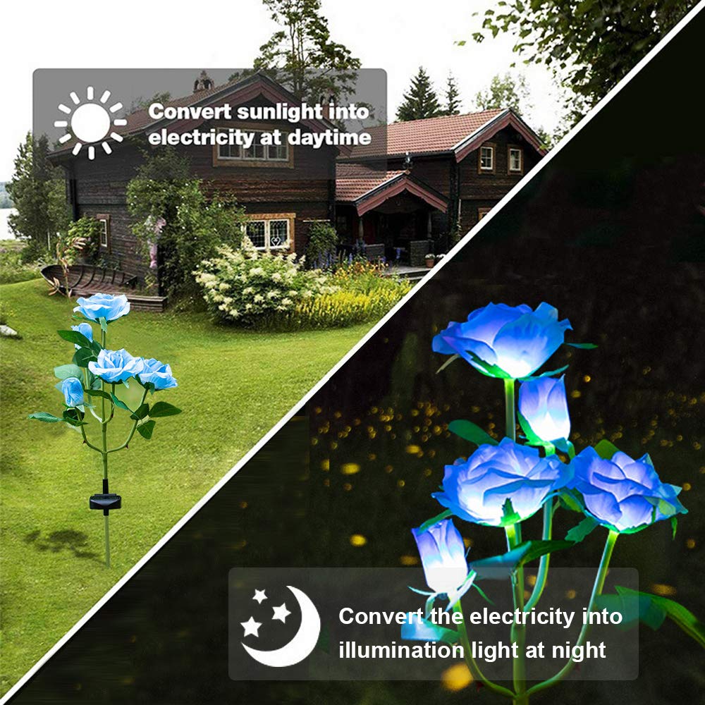Solar Garden Stake Lights, Rose Flowers Lights LED Solar Stake Lights with 5 Roses Waterproof for Garden, Yard, Christmas Pathway, Grave Decor