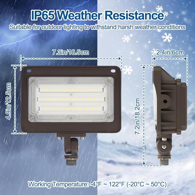 DAKASON (2 Pack) 50W LED Flood Light, Dusk-to-Dawn Photocell, 180° Adjustable Arm, Replaces 150-200W HPS/MH, IP65 Waterproof Outdoor Security Lighting Fixture, 100-277Vac 5000K 6000lm, ETL Listed
