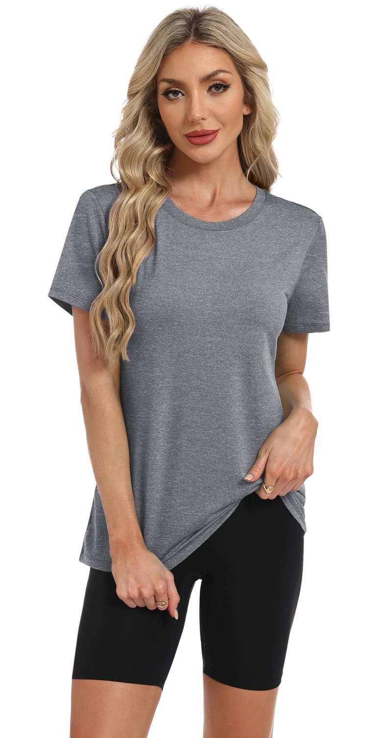 NIASHOT Summer Tops for Women 2025 Short Sleeve Workout Clothes Athletic Shirts Pilates Outfits Camisetas Deportivas para Grey L