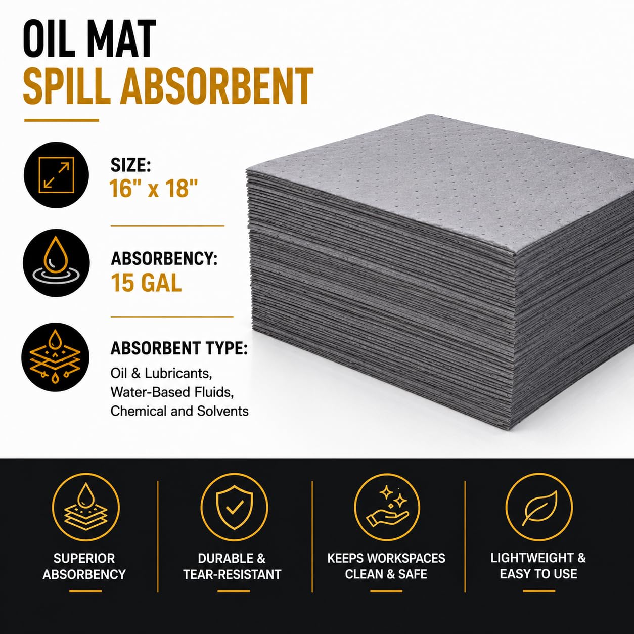 ATERET Oil Mat I Medium Weight Universal Absorbent Pad I 15" x 18" I 100 Universal Absorbing Pads I Grey