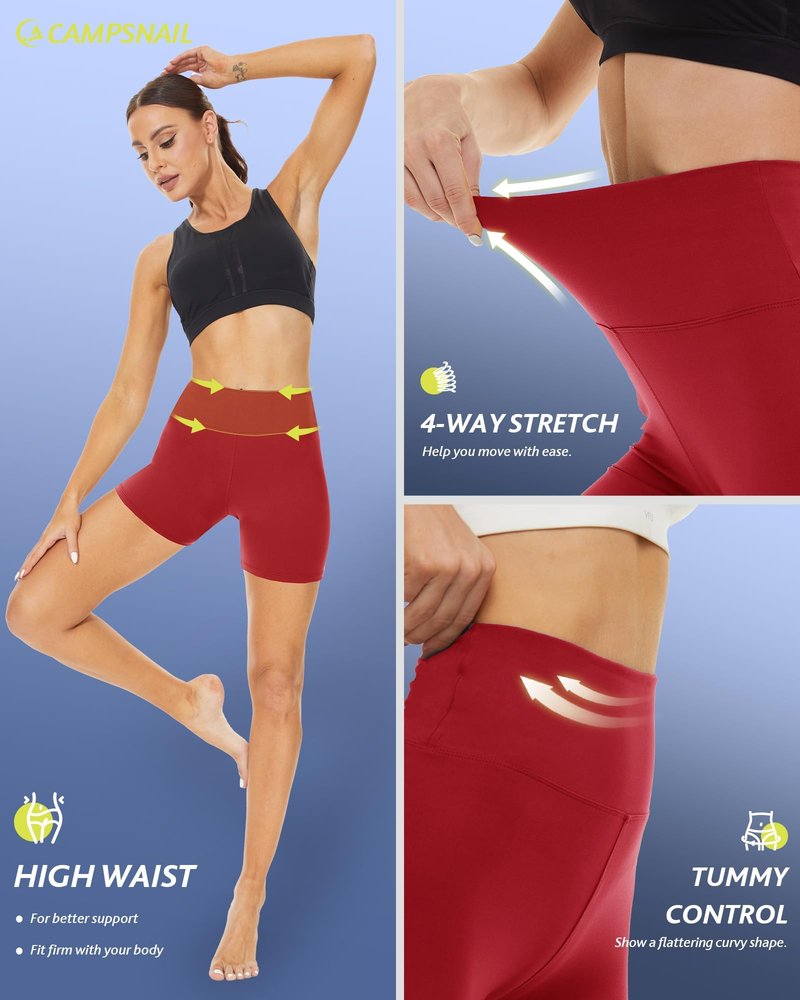 CAMPSNAIL Workout Biker Shorts Women - 3"/5"/8" High Waisted Tummy Control Spandex Booty Volleyball Shorts for Yoga Dance Red