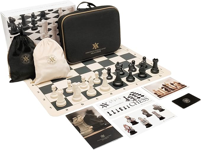 A&ampA Tournament Chess Set/ 20''x20'' Foldable Silicone Chess Board / 3.75'' King Height Plastic Quadruple Weighted Classic Staunton Pieces/Storage Bag for 6 Years Old - 2 Players