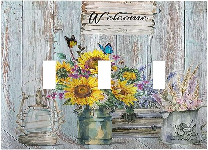 Sunflower Vintage Barn Wooden 3 Gang Light Switch Covers Sun floral Triple Toggle Wall Plate Decorative Switchplate Electrical Faceplate Farmhouse Home Livingroom Decor