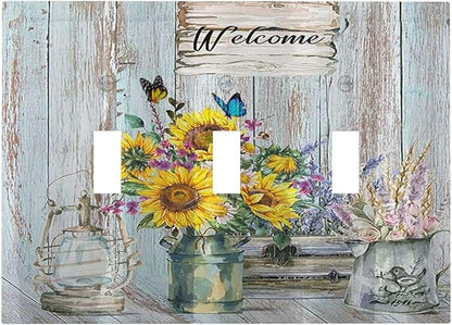Sunflower Vintage Barn Wooden 3 Gang Light Switch Covers Sun floral Triple Toggle Wall Plate Decorative Switchplate Electrical Faceplate Farmhouse Home Livingroom Decor