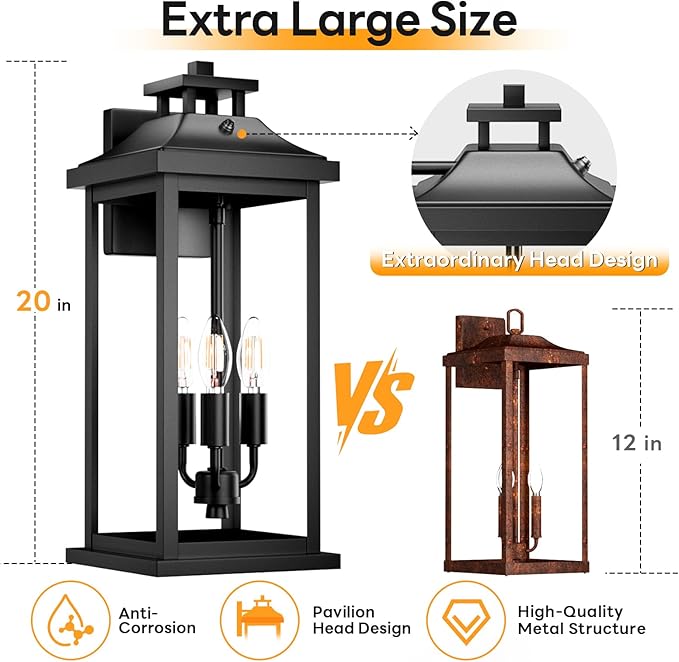 20" Large Dusk to Dawn Outdoor Lights 3-Light, 2 Pack Black Modern Exterior Lighting Fixtures Photocell Sensor Outside Porch Lights Wall Mount, Waterproof Patio Exterior Sconce Lamps E12