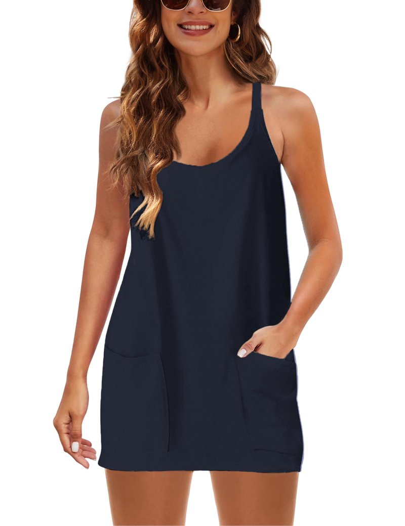 Lentta Womens Athletic Sleeveless Mini Dress with Built-in Shorts V Neck Spaghetti Strap Sundress(DarkBlue-XL)