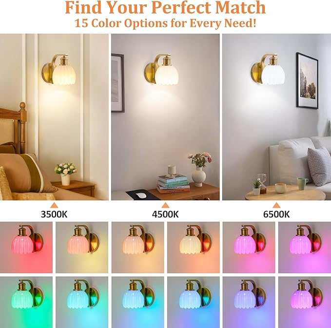 Rechargeable Battery Operated Wall Sconce Set of Two with Milky White Glass Lampshade, Wireless Wall Scone Decor with Remote Control, 15 Colors Gold Wall Light for Bedside Hallway Bedroom Doorway