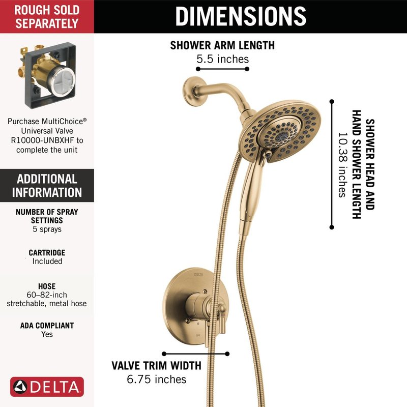 Delta Saylor 17 Series Brushed Gold Dual-Function Shower Faucet Set with In2ition 2-in-1 Dual Shower Head with HandHeld Spray Combo, Valve Trim Kit, Champagne Bronze T17235-CZ-I (Valve Not Included)