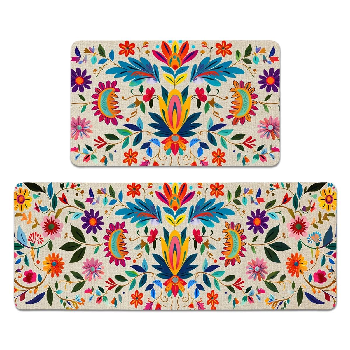 YWZDS Mexican Floral Kitchen Rugs Set of 2, Colorful Kitchen Mats with Rubber Backing Non Slip Washable, Cinco De Mayo Gift, 17" x 29 + 17" x 47" (White)
