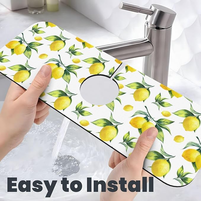 Yellow Lemon Green Leaves Kitchen Sink Splash Guard Faucet Mat Super Absorbent