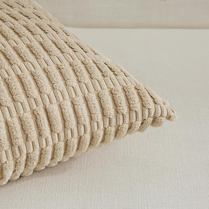 Fancy Homi Tan Lumbar Decorative Throw Pillow Covers 12x24 Inch for Living Room Couch Bed Sofa, Rustic Farmhouse Boho Home Decor, Soft Striped Corduroy Rectangle Cushion Case 30x60 cm