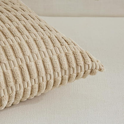 Fancy Homi Tan Lumbar Decorative Throw Pillow Covers 12x24 Inch for Living Room Couch Bed Sofa, Rustic Farmhouse Boho Home Decor, Soft Striped Corduroy Rectangle Cushion Case 30x60 cm