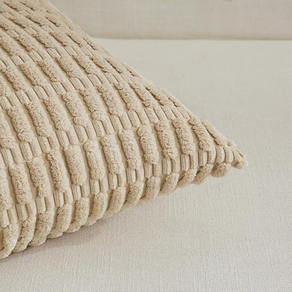 Fancy Homi Tan Lumbar Decorative Throw Pillow Covers 14x24 Inch for Living Room Couch Bed Sofa, Rustic Farmhouse Boho Home Decor, Soft Striped Corduroy Rectangle Cushion Case 35x60 cm