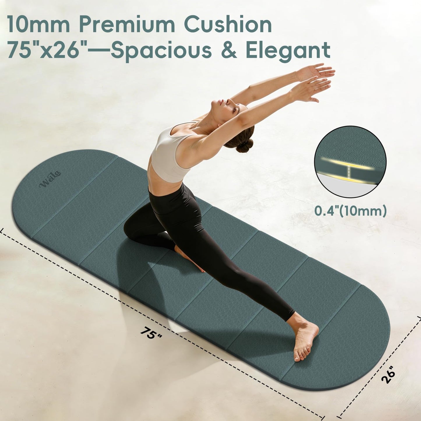 WeiLa Foldable Yoga Mat 10mm Extra Thick, 75"x26" Large, SGS-Certified Non-Slip TPE Fitness Mat, 7-Fold Portable for Yoga Pilates Floor Workouts Home Gym Travel (Dark Green & Black)