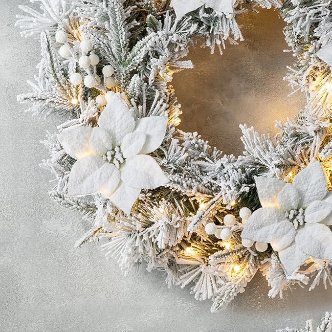 Glitzhome 24" D Pre-Lit Snow Flocked Greenery Pine Poinsettia Christmas Wreath, with 50 Warm White Lights with Timer