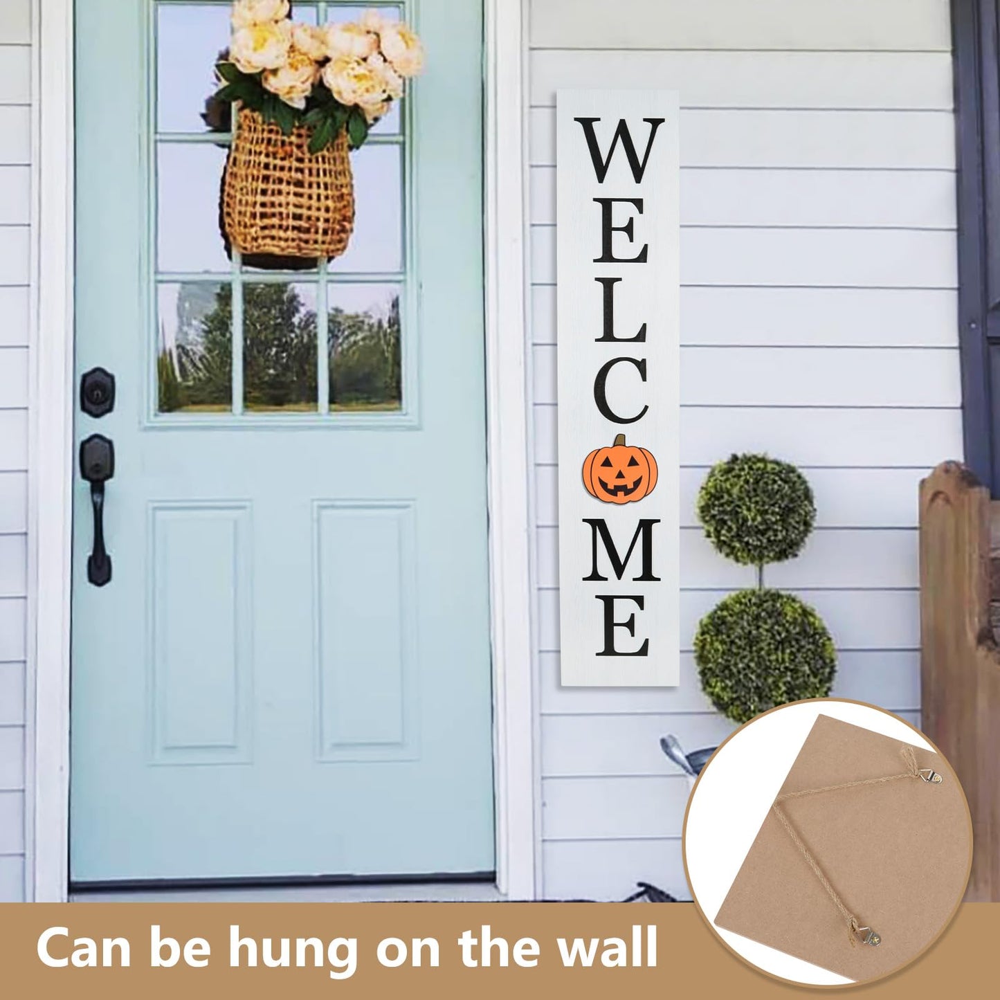 Interchangeable Welcome Sign for Front Porch- 45"X9" Large Standing/Hanging Wooden Sign with 12 PCS Replaceable Icons for 4th of July Fall Halloween Porch Wall Yard Decorations (White)