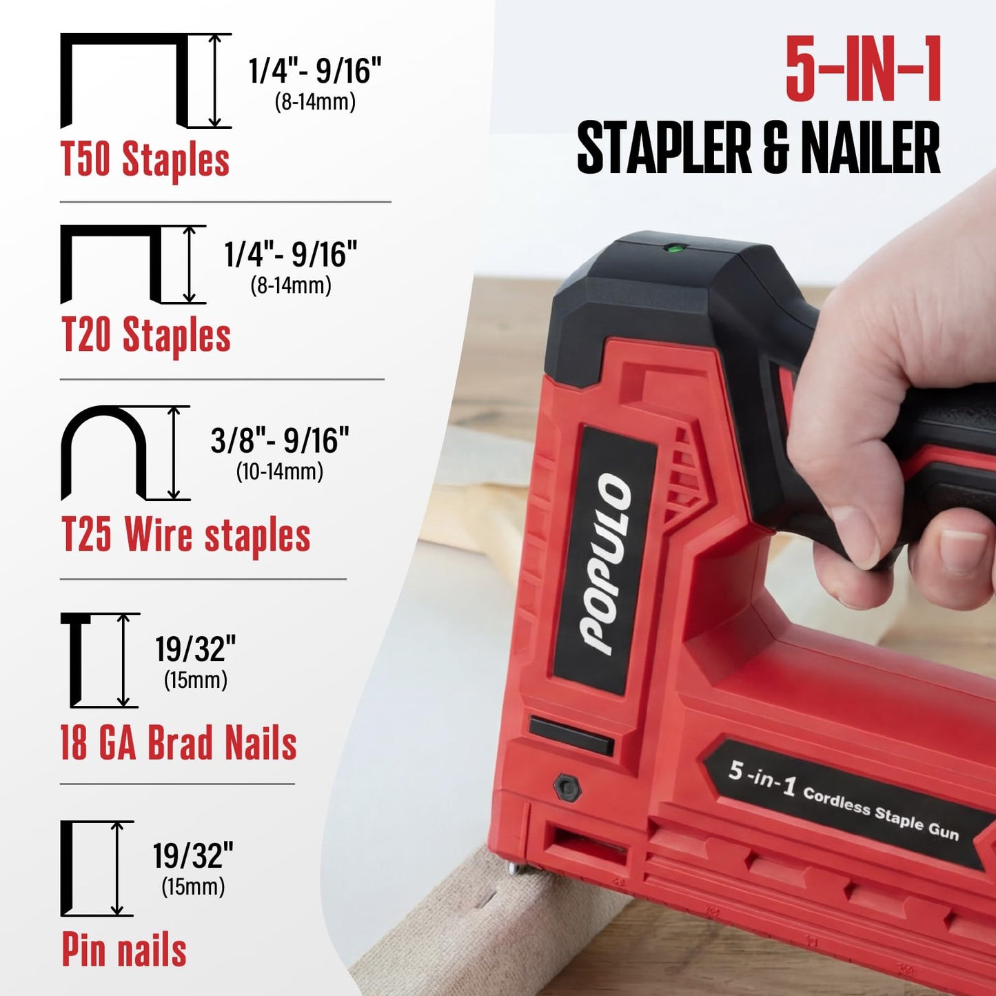 POPULO Electric Staple Gun 5 in 1 Band Nailer, 4V Rechargeable Cordless Stapler, Pin Nail Gun Battery Powered with 2,000 Staples and Nails, Power Wire Staple Gun for Home, Wood, Upholstery, DIY