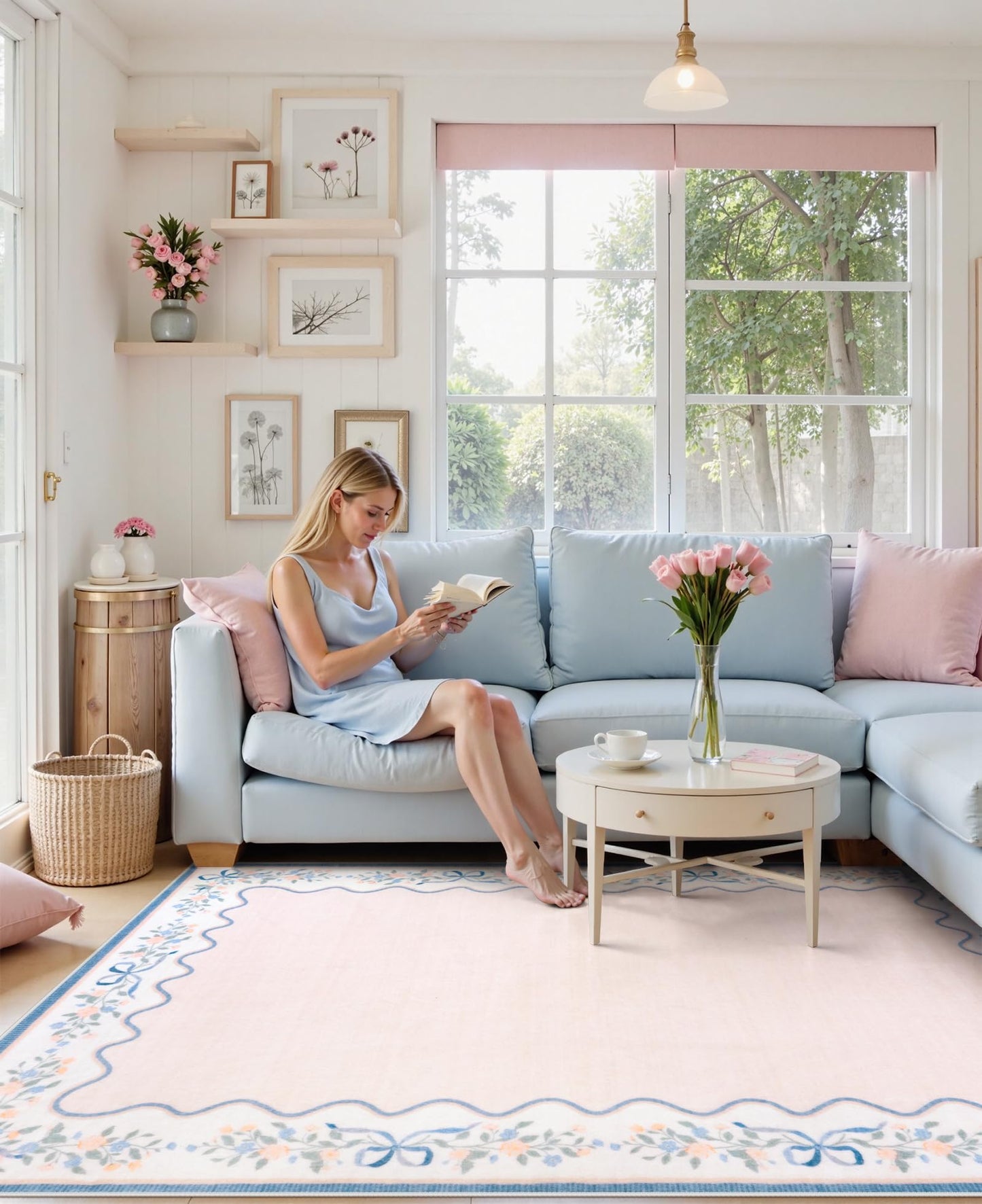 Seavish Pink Floral Rugs for Bedroom Girls, 5x7 Area Rugs for Living Room, Soft Washable Scalloped Nursery Rug, Boho Farmhouse Non-Slip Low Pile Carpet Rug for Kids Playroom Dining Room Office