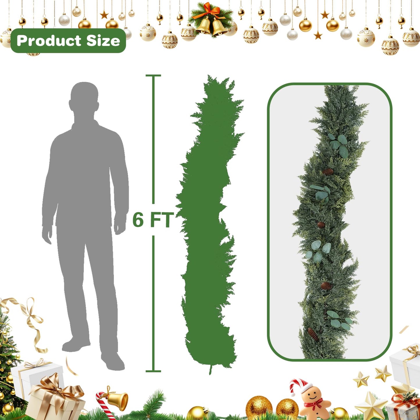 Gudegou 6FT Christmas Garland, Cedar Garlands with Eucalyptus,Artificial Pine Garland Christmas Decorations for Mantle Fireplace Outdoor Staircase