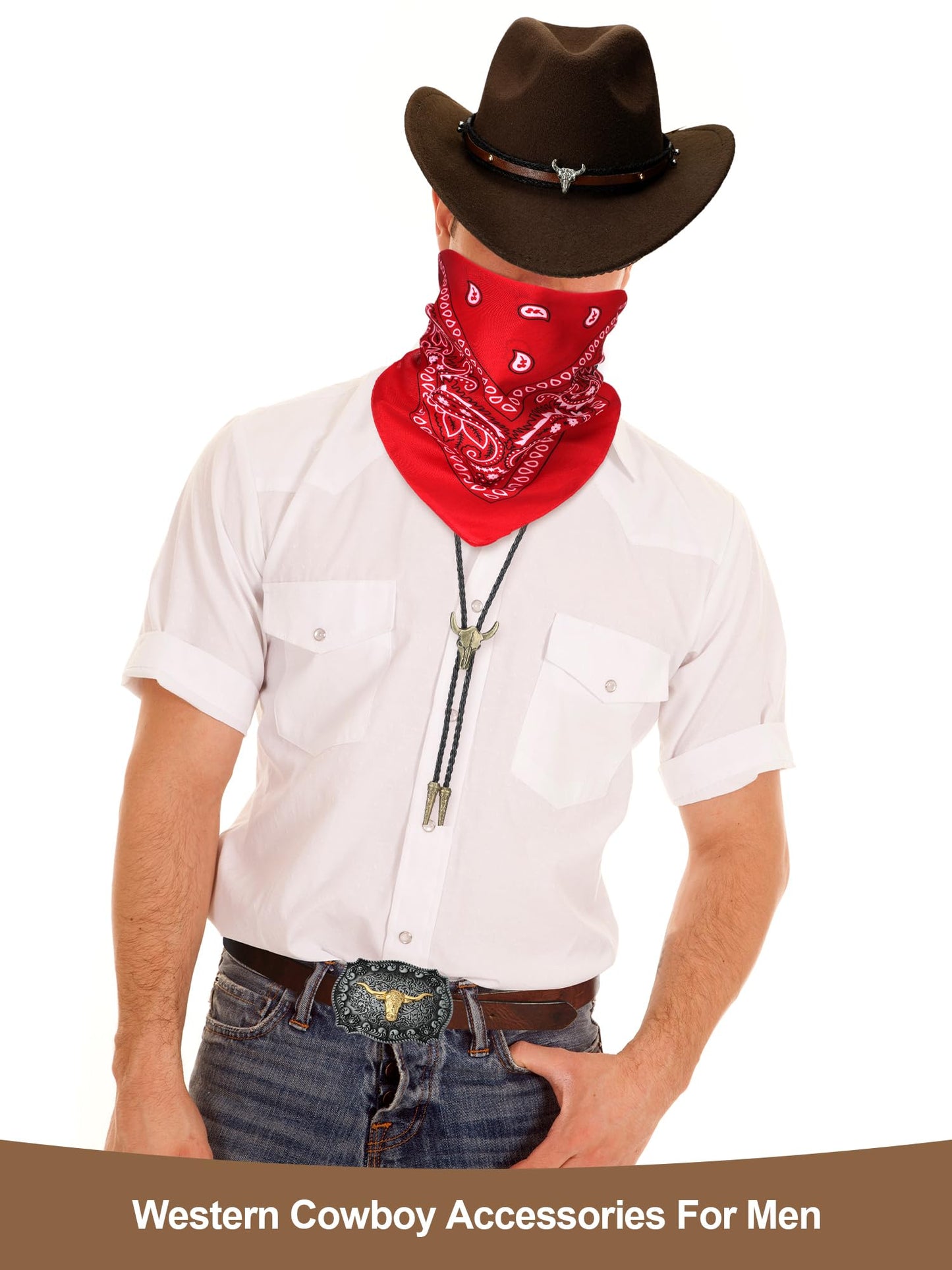 Toulite 4 Pcs Western Cowboy Accessories for Men Cowboy Hat Leather Rodeo Leather Necktie Cow Horn Belt Buckle Paisley Bandana for Western Outfit Halloween Cosplay