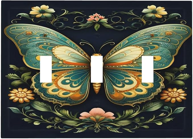 Butterfly Ornate with Flower Light Switch Covers 3 Gang Triple Toggle Wall Plate Decorative Switchplate Electrical Faceplate for Farmhouse Living Decor