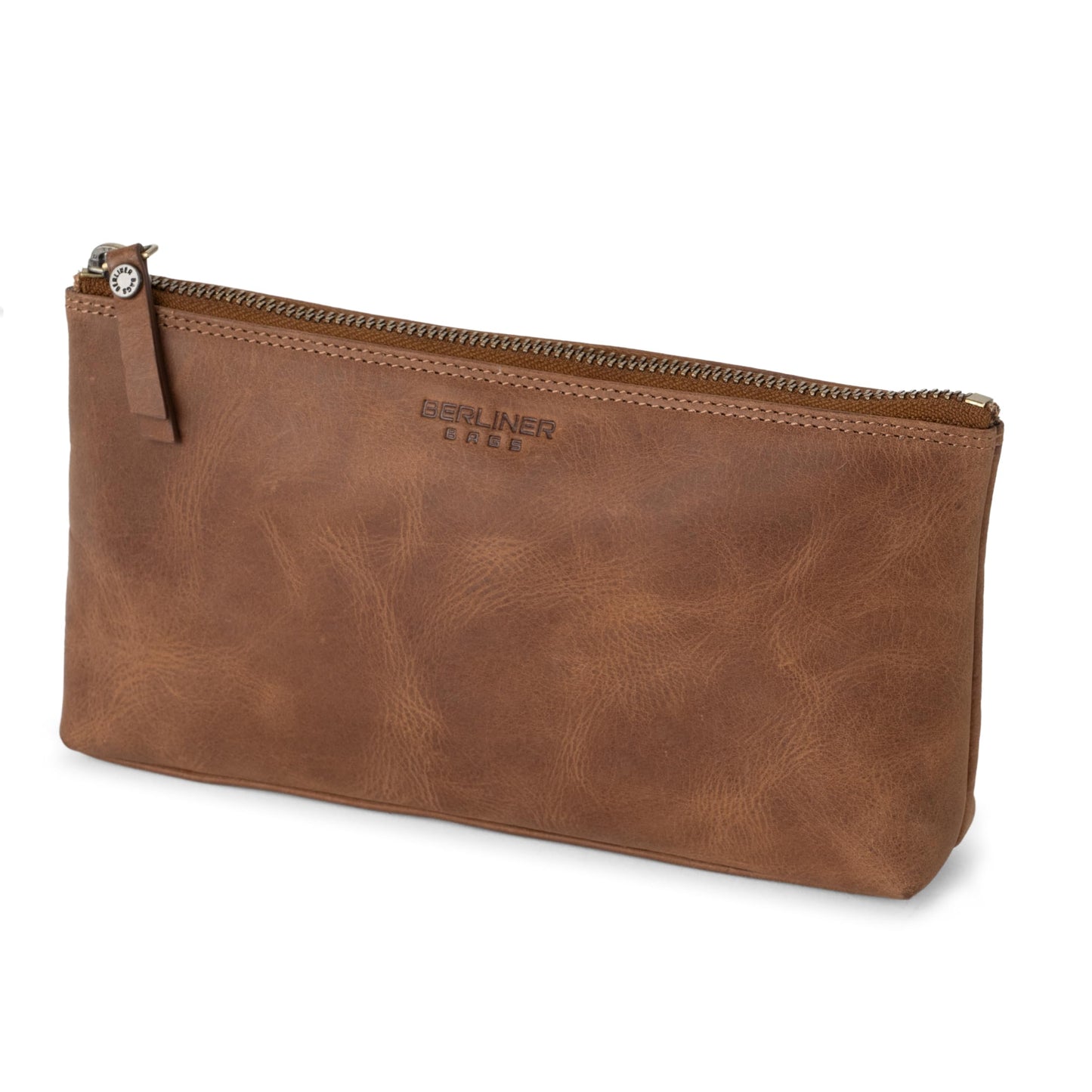 BERLINER BAGS Vintage Genuine Leather Makeup Bag Anna, Cosmetic Bag for Purse, Travel and Cosmetics Pouch with Zipper for Women- Brown