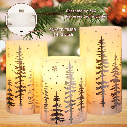 Christmas Flameless Candles, Battery Operated, Hot Stamping Silver Xmas Tree LED Flickering Candles with Remote and Timer, Holiday Decorative Pillar for Xmas, Party, Bedroom