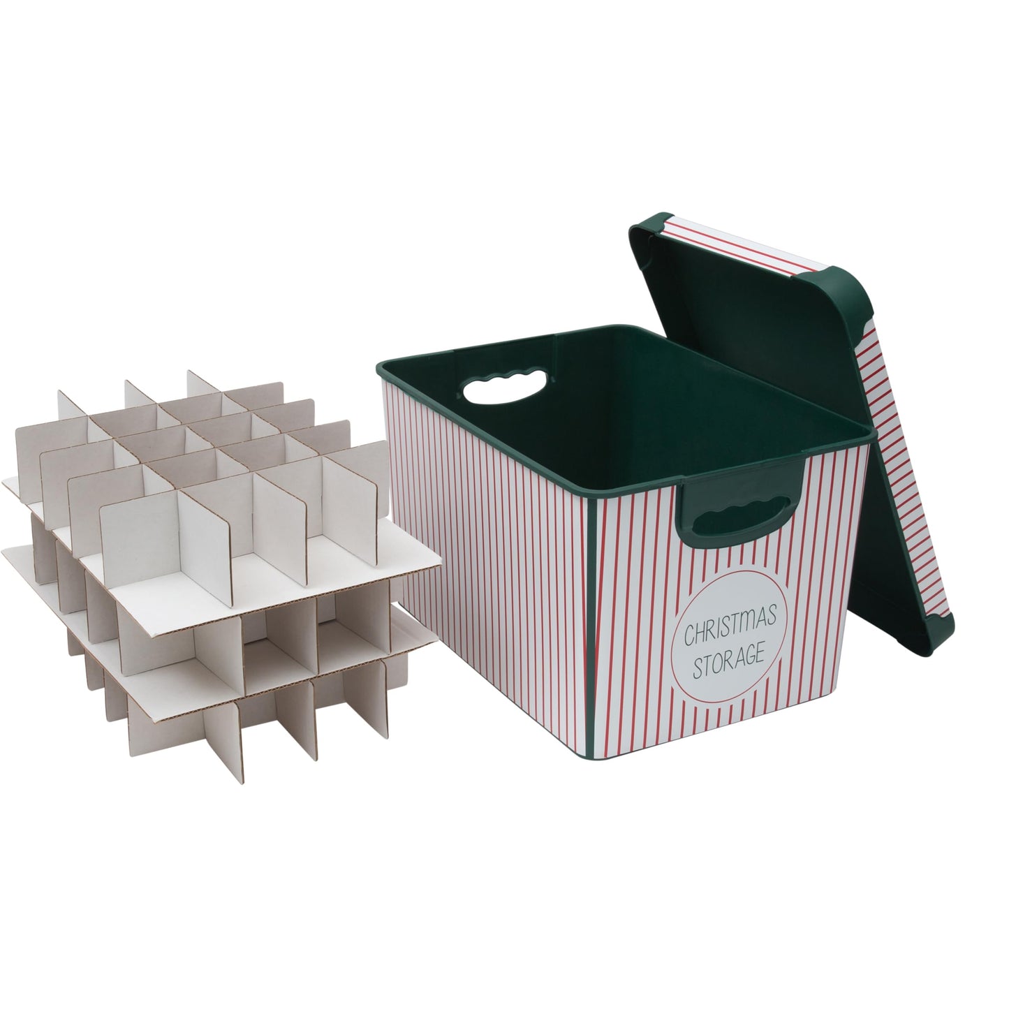 Simplify Christmas Stripe Design Holiday Tote Bin Ornament Storage | Holds 60 Ornaments | Removeable Lid | Easy Carry Handles | Christmas Storage | Green