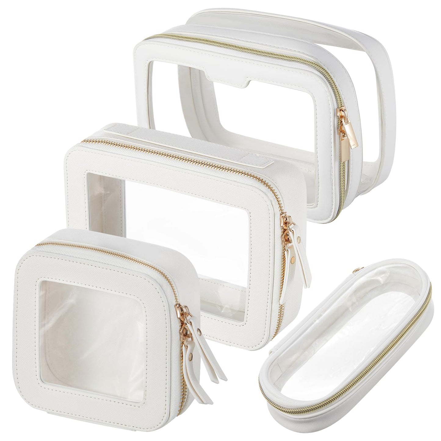 4 Pcs Leather Clear Makeup Bags Set for Women Travel Clear Cosmetic Case Toiletry Bags with Zipper Makeup Brush Case Waterproof Organizer Storage for Women Men Travel Accessories, 4 Sizes(White)