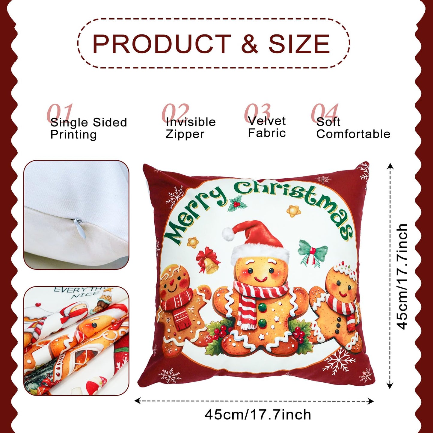 Mocsicka Christmas Gingerbread House Pillow Covers 18×18 Inch, Gingerbread Man House Bakery Throw Pillow Covers Xmas Holiday Cushion Case for Sofa Couch Bed Home Decorations Set of 4