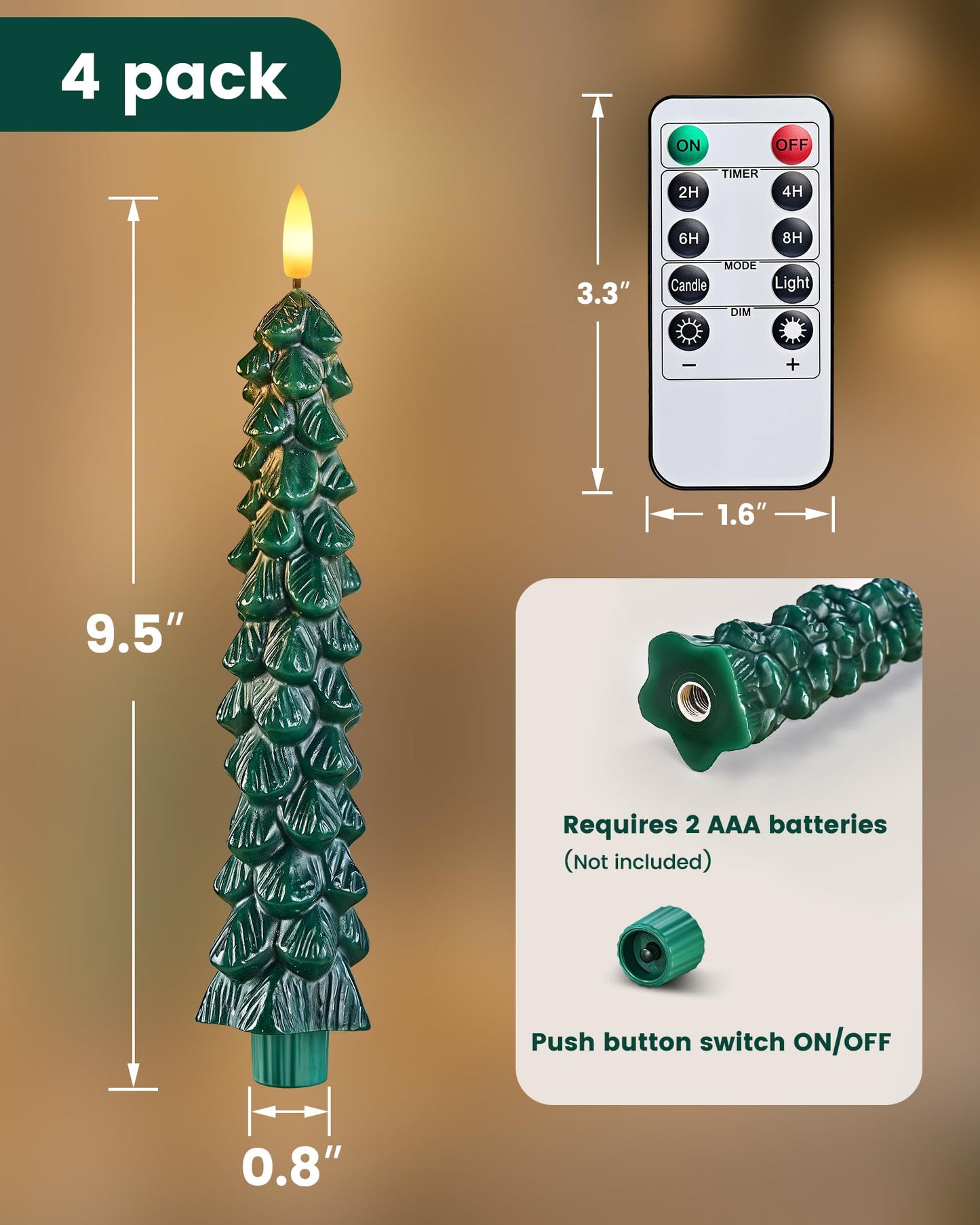 SURAIELEC Battery Operated Christmas Tree Candles, Remote Flameless Tree Taper Candles, Real Wax Finish, Flickering LED Candle, 9.5'' Christmas Candlesticks for Window, Mantel, Dining Table, 4-Pack