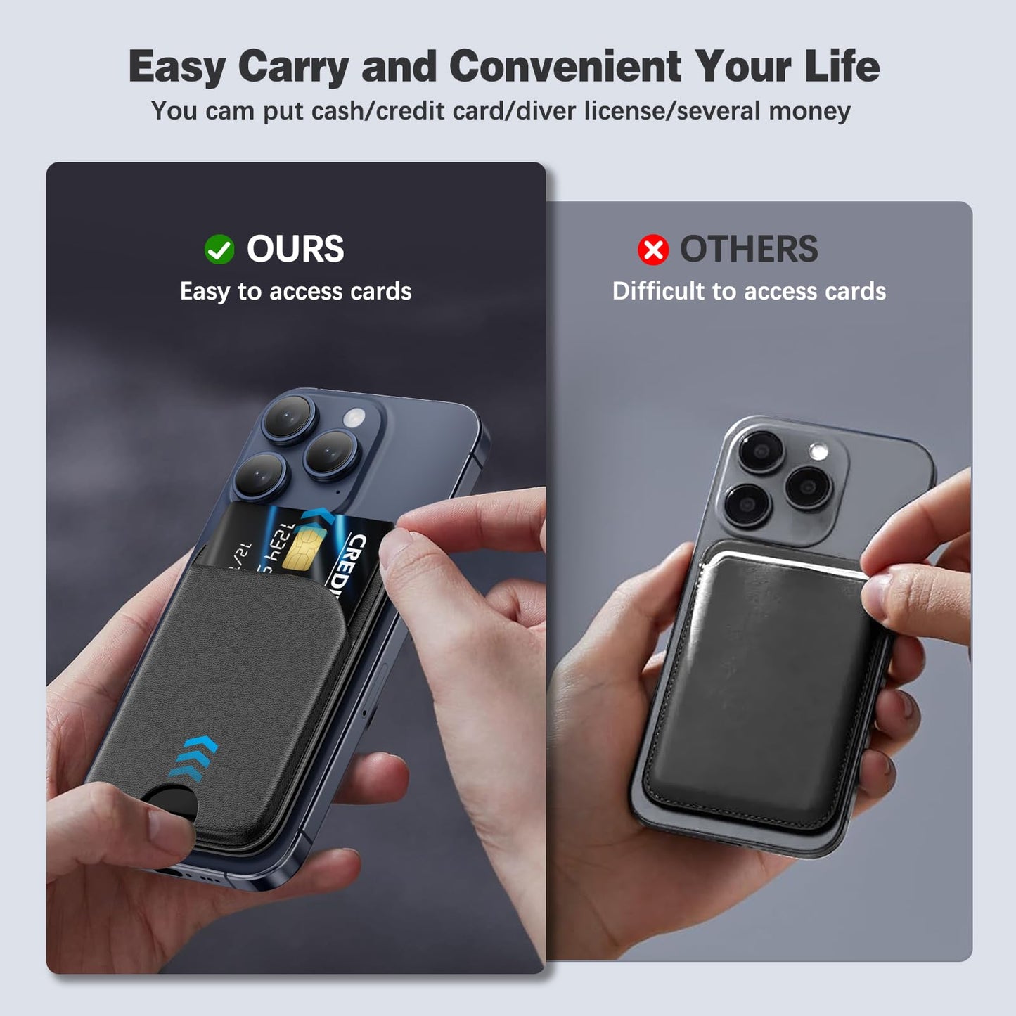 QYQBOON Mag-Safe Wallet Magnetic Wallet for Phone Lightweight Magnetic Phone Pouch Stand Adjustable Leather Mag-Safe Card Holder for iPhone 17/16/15/14/13/12 Series, Not for iPhone 13/12 Mini (Black)