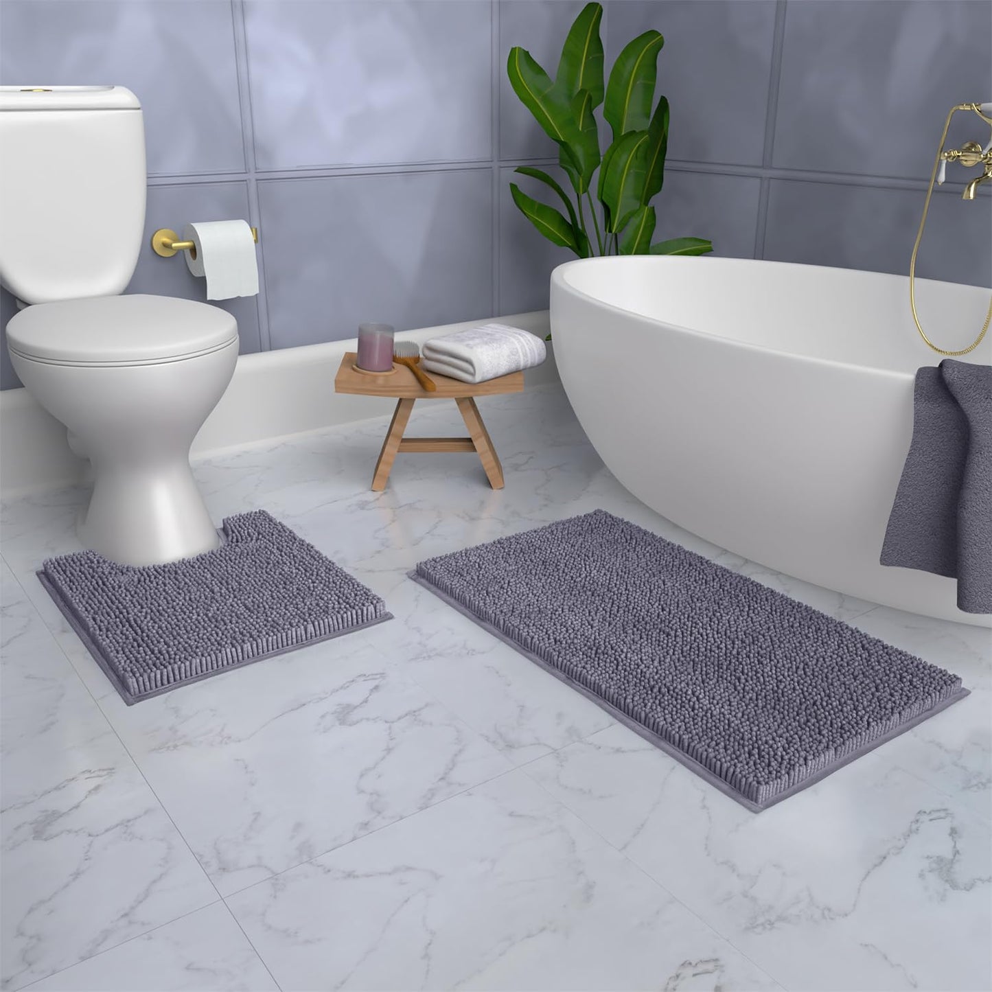 LuxUrux Bathroom Mats 2 Piece Set, Bathroom Rug Set, Soft Absorbent Chenille Bath Mat & Contour Toilet Rug, Non Slip, Quick Dry, Machine Washable Shaggy Bathroom Mats (Gray, 20"x30"+20"x20" U-Shaped)