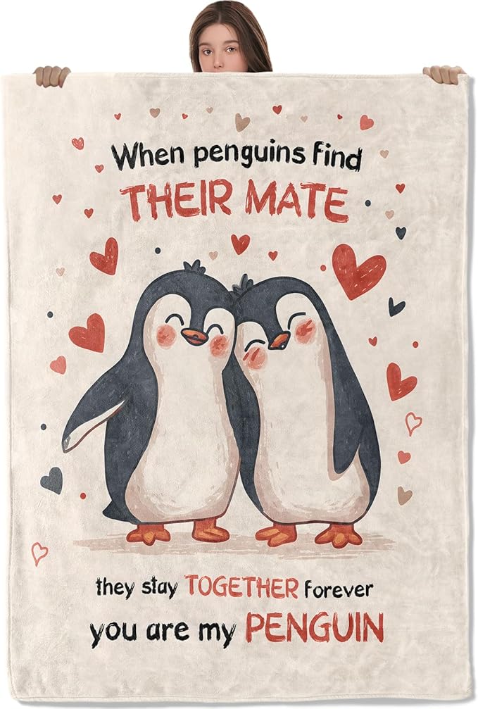 Cute Penguin Couple Lightweight Throw Blanket, Adorable Cartoon Animal with Heart, Warm Soft Cozy Flannel Blankets, Couch Dorm Home Decor All Season Use, 60x50in, Beige, Gifts for Friends