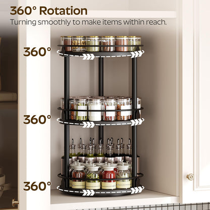 3-Tier Lazy Susan Organizer, Rotating Spice Rack, Spinning Organizer, Industrial Turntable Spice Rack Organizer for Cabinet, Kitchen Countertop, Pantry, Rustic Brown and Black SR23BR