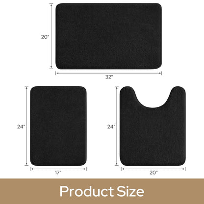 HOMEIDEAS Upgraded Bathroom Rugs Set 3 Piece, Ultra Soft Memory Foam Bath Mats, Super Absorbent Non Slip Washable U-Shaped Toilet Bath Rug (Black, 17"x24"+20"x32"+U-Shaped 20"x24")