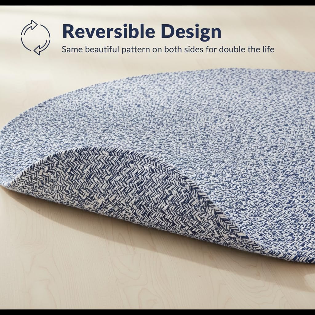 Super Area Rugs Oval Braided Rugs for Kitchen - Cotton Braided Rug 2x3 - Oval Soft Bathroom Throw Rugs, Woven Rug for Bedside, Blue & White