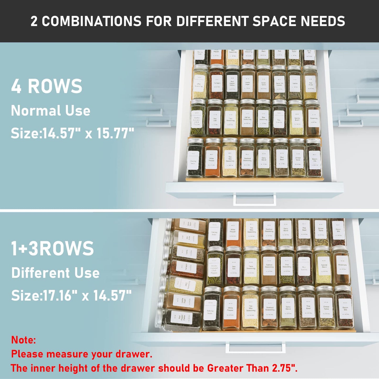 Spice Drawer Organizer with 24 Spice Jars and 216 Labels,Non-slip Rubber, Bamboo 4 Tier Spice Racks Tray Seasoning Containers for Kitchen Drawers,Cabinets,Countertops,13" Wide * 15.8" Deep