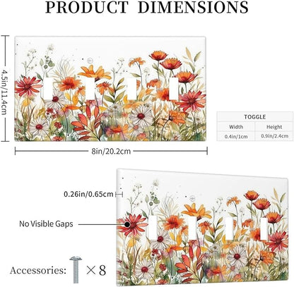 Watercolor Wild Flower Floral 4 Gang Decorative light switch plate Quad Toggle Wall Plate Covers Switchplate Electrical Faceplate for Nursery Bedroom Bathroom Decor