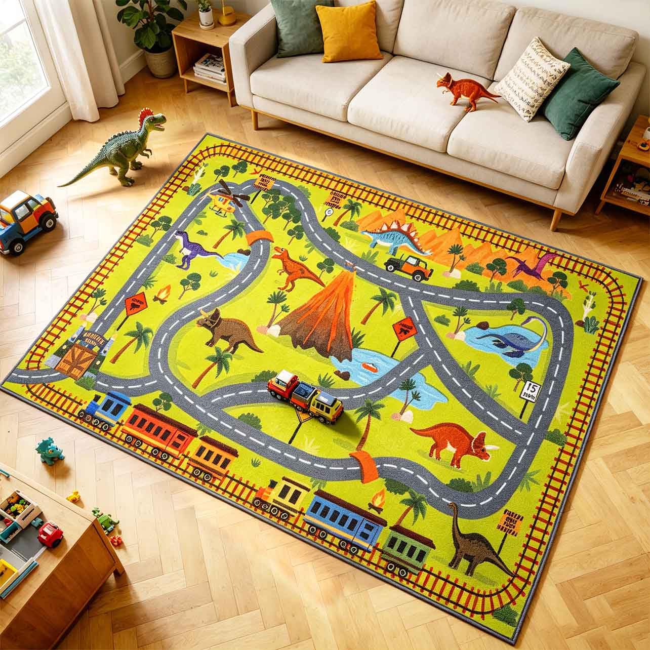 LIVEBOX Kids Dinosaur Car Rug Play Mat, Washable Playroom Rug with Roads for Toy Cars, Non Slip Safari Dino Park Adventure Carpet for Boys Bedroom（ 5.3x6.6 ft ）