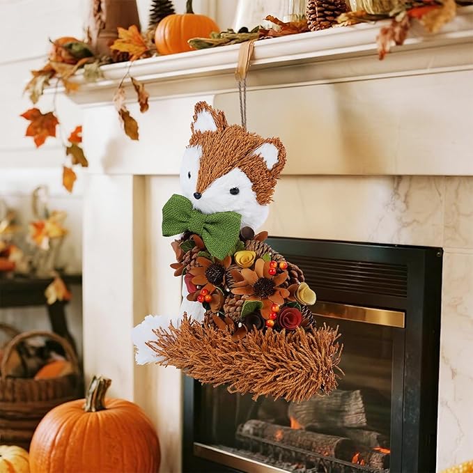 Glintoper Fall Wreath for Front Door, 14" Thanksgiving Straw Fox Figurine with Woodchip Pinecone, Hanging Harvest Autumn Gifts, Tabletop Centerpieces, Woodland Animal Home Kitchen Office Decor