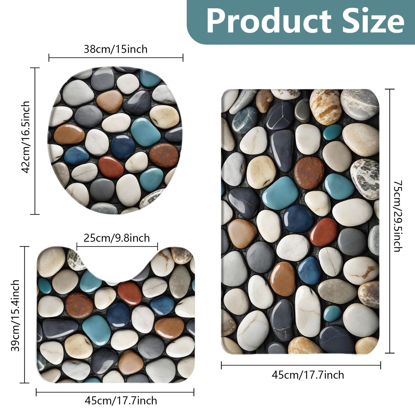 peacoblue Pebble Bath Mats for Bathroom Rugs Sets 3Pcs with Toilet Lid Cover, Non Slip Bath Rug and Contour Mats Sets, Washable Toilet Carpet for Bedroom Kitchen Tub Home Decor