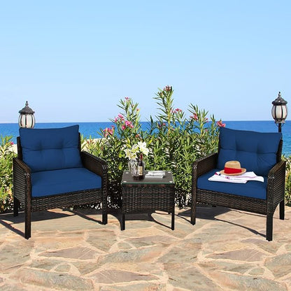 HAPPYGRILL 3 Piece Patio Conversation Set Outdoor Rattan Wicker Furniture Set with Coffee Table & Chairs Patio Bistro with Seat Cushions for Garden Balcony Backyard Poolside