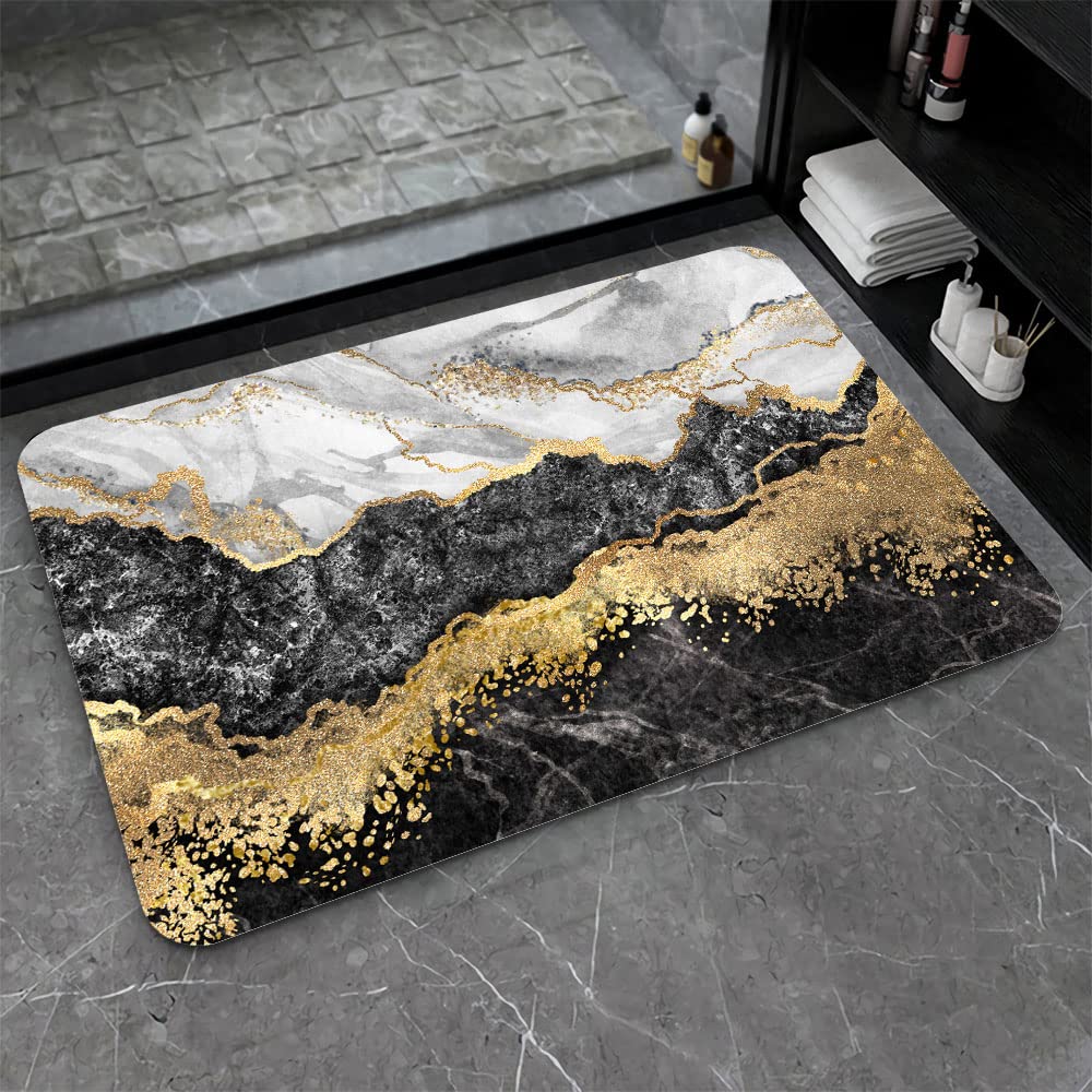 ZHUZHISHAN Diatomaceous Earth Bath Mat,Black White Gray Gold Marble Non-Slip Volume Super Absorbent Fast Drying for Bathroom Kitchen Door mat,Eco-Friendly Easy to Clean 16×24Inch (40 * 60cm)