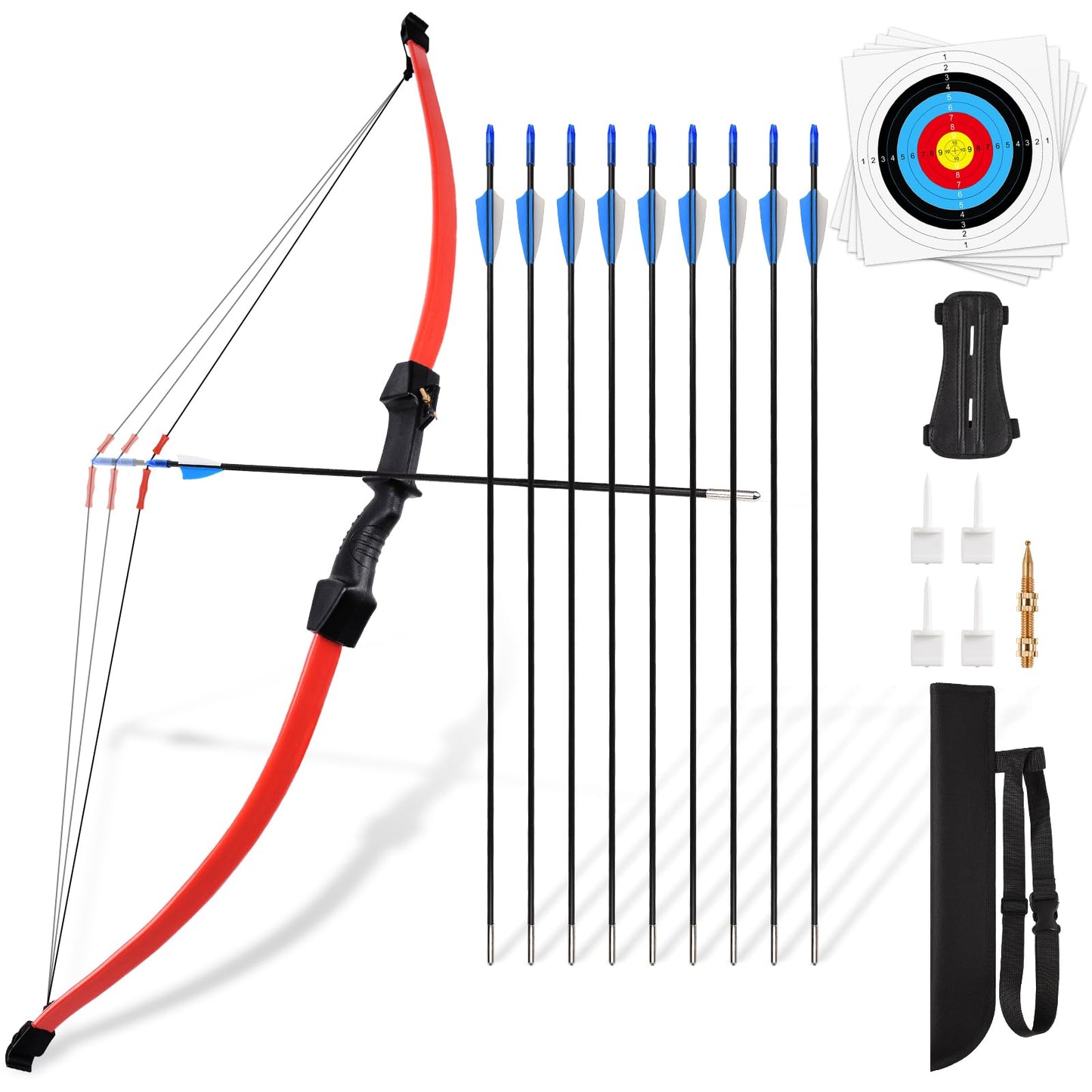 Toy Kids Bow and Arrow Set, 45" Youth Bow and Arrows Archery Set Adult, Teens 8-12 14-16 Year Olds Archery Long Bows with 1 Bow 9 Arrows 5 Target Face 1 Arm Guard 1 Quiver 1 Sight Pin 4 Target Pins