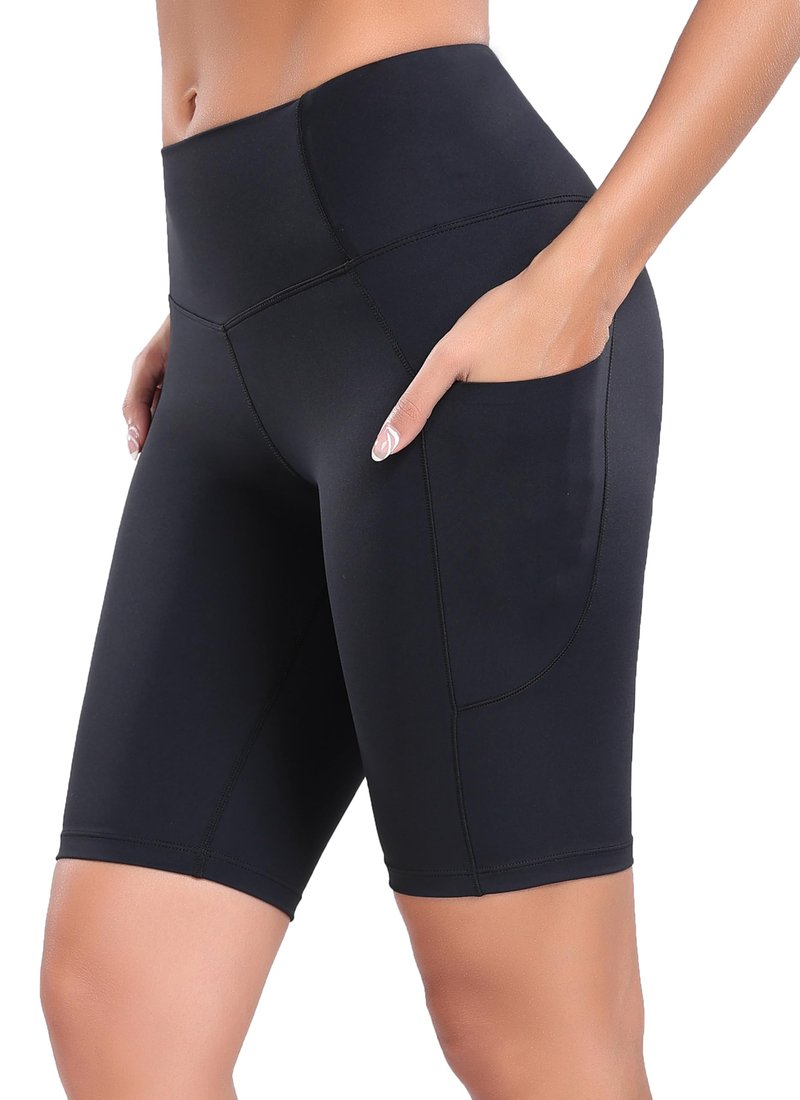 Oalka Women's Yoga Short Side Pockets High Waist Workout Running Shorts Black L