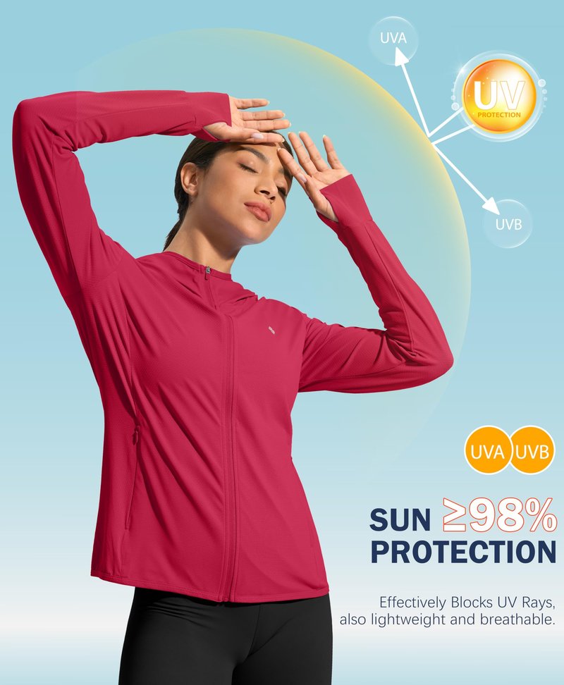 Soothfeel Women's UPF 50+ Sun Protection Hoodie Jacket Lightweight Long Sleeve Sun Shirt for Women with Pocket Hiking Outdoor(Red, M)