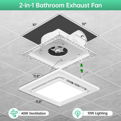 VallisCo 12 Inch Bathroom Exhaust Fan with Light, 110 CFM 1.0 Sone Ultra Quiet Ceiling Ventilation Fan, 3-Color Adjustable LED 1200 LM, Energy Efficient, 4" Duct & 10" x 10" Cutout, 12 Inch Panel Size