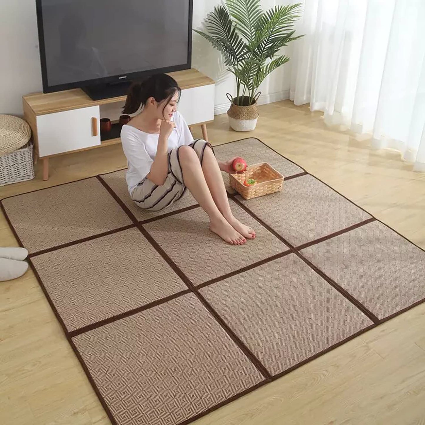 MYOYAY Large Japanese Tatami Mat 71x 71in Summer Breathable Sleeping Mat Foldable Rattan Floor Mat Non-Slip Memory Foam Stitching Carpet Mats Living Room Bedroom Playroom Yoga (Brown)