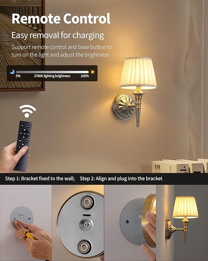 KDG Cordless Wall Sconces Set of 2, Small Wireless 5200mAh Rechargeable Battery Fabric LED Wall Lamps, Portables Lightings for Wall Painting, Living Room, Bedroom, Hallway, Gifts, Night Light (Nickel)